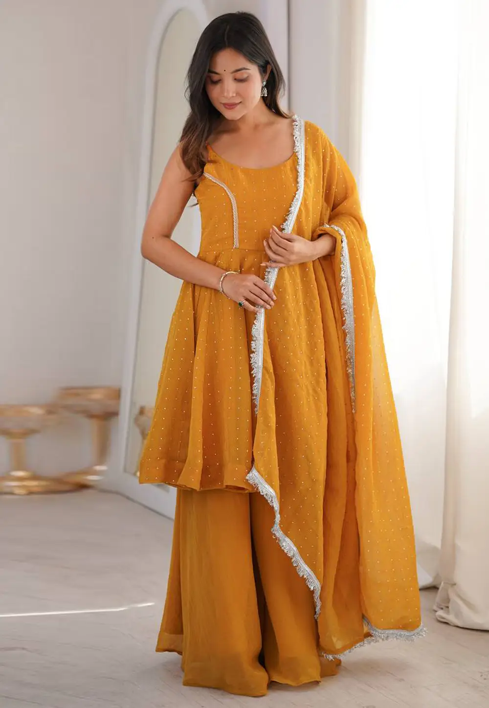 Yellow Silk Readymade Palazzo Suit 331210