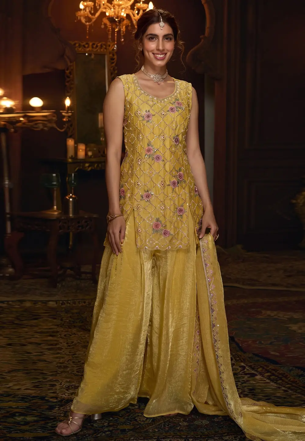 Yellow Silk Readymade Palazzo Suit 332273