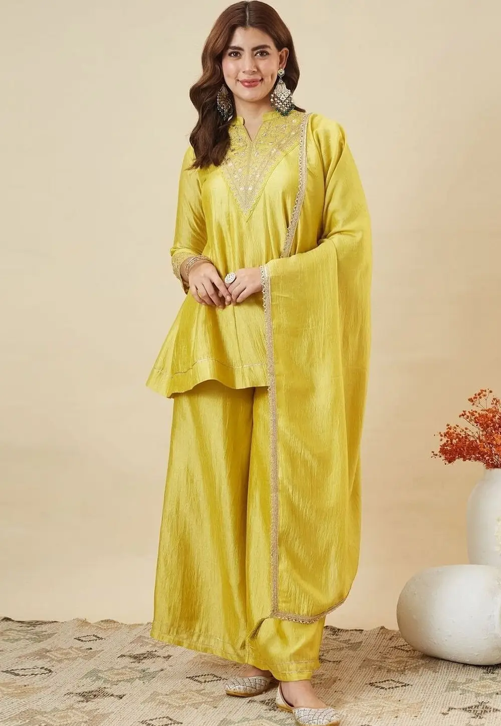 Yellow Silk Readymade Palazzo Suit 335394
