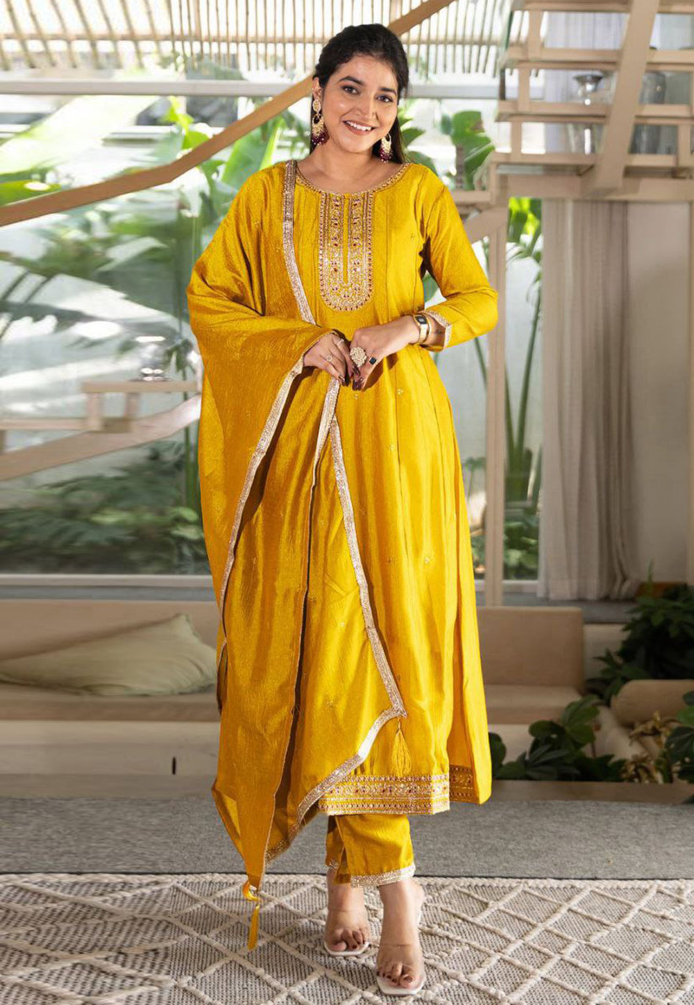 Yellow Silk Readymade Pant Style Suit 321608