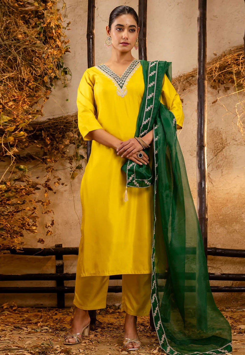 Yellow Silk Readymade Pant Style Suit 309862