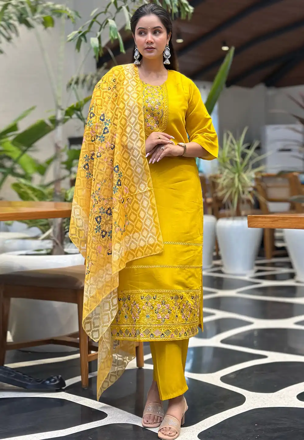 Yellow Silk Readymade Pant Style Suit 325421
