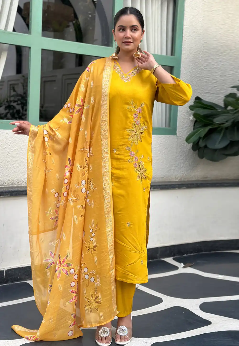 Yellow Silk Readymade Pant Style Suit 325423