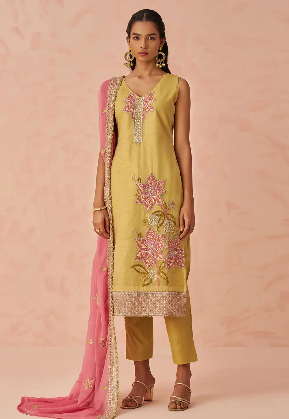 Yellow Silk Readymade Pant Style Suit 314948