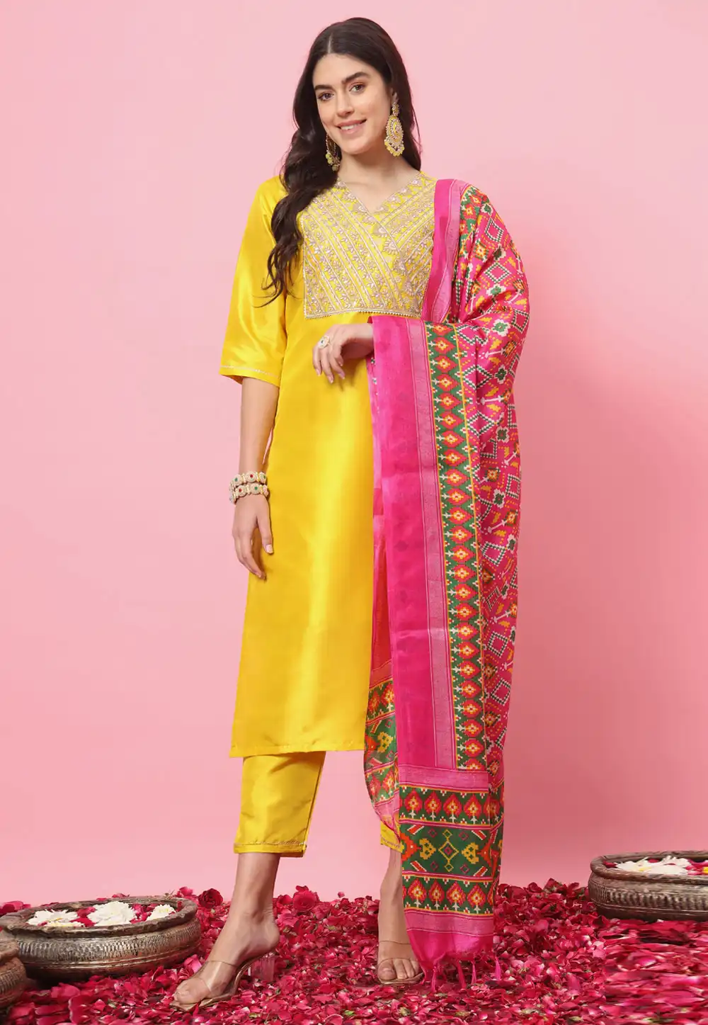 Yellow Silk Readymade Pant Style Suit 324927