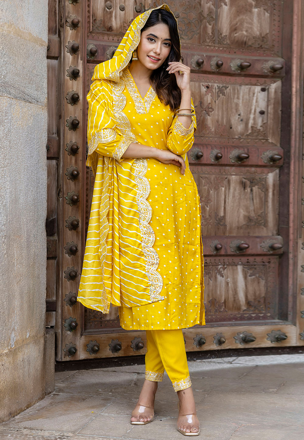 Yellow Silk Readymade Pant Style Suit 309472