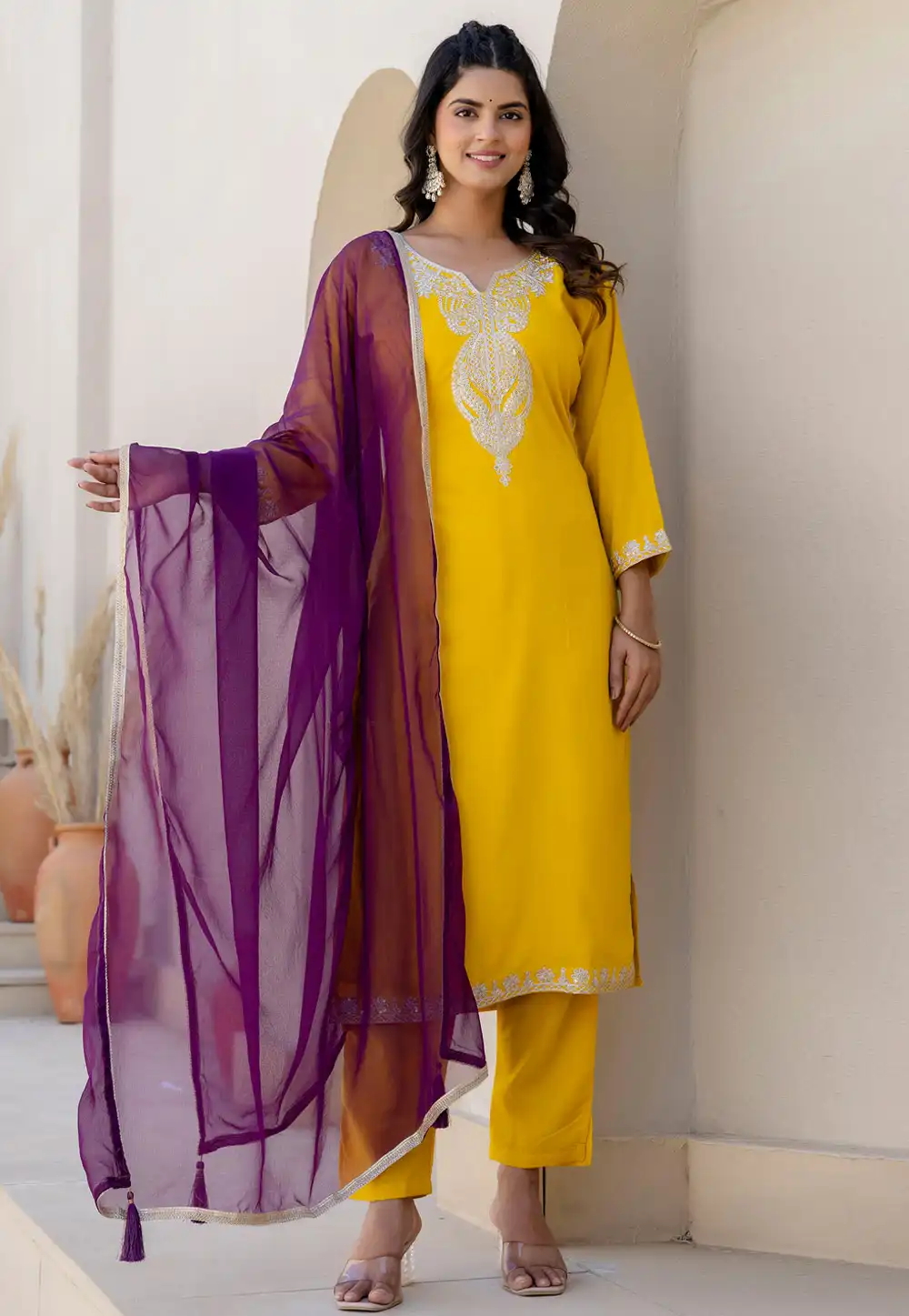 Yellow Silk Readymade Pant Style Suit 313822