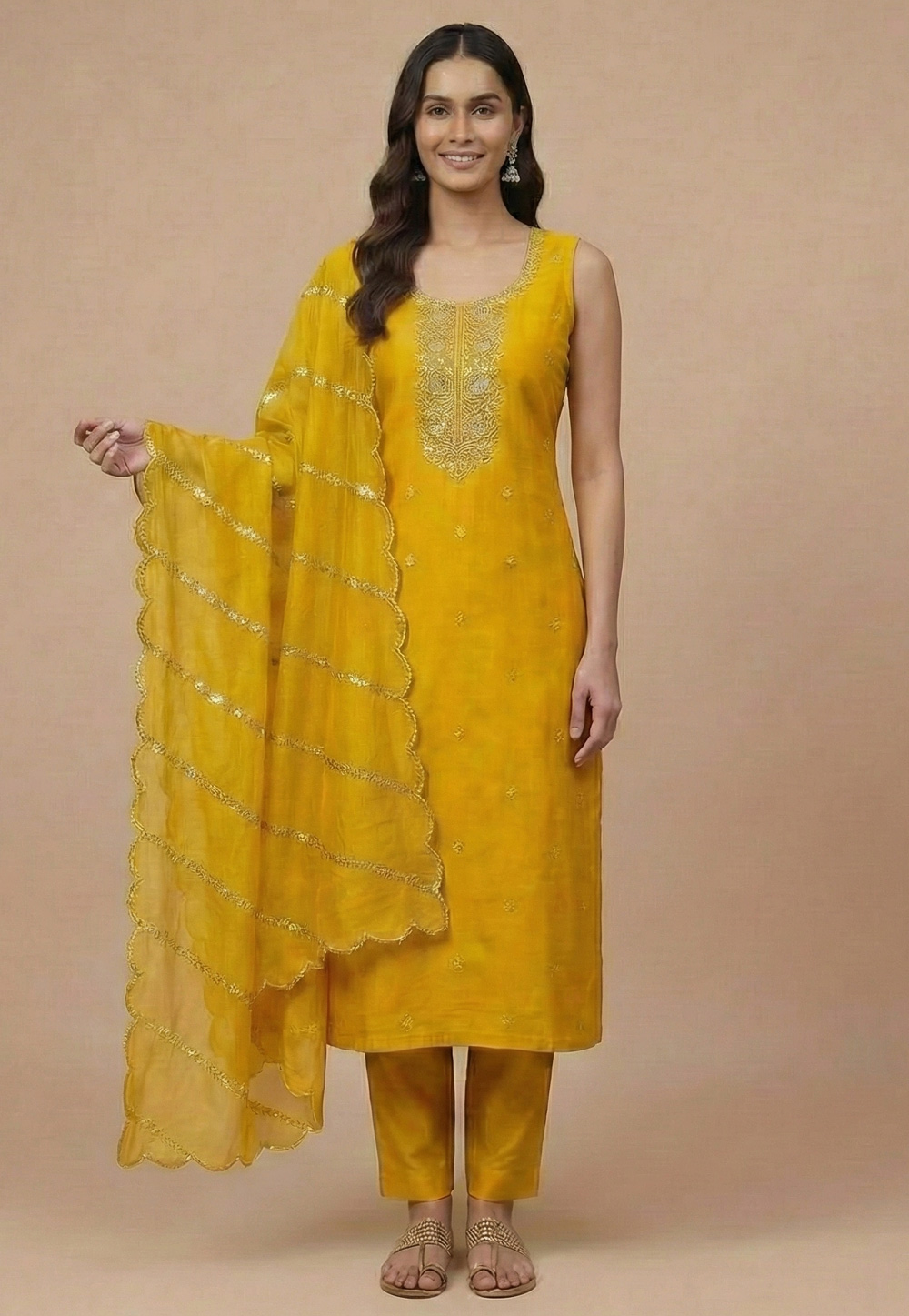 Yellow Silk Straight Suit 322597