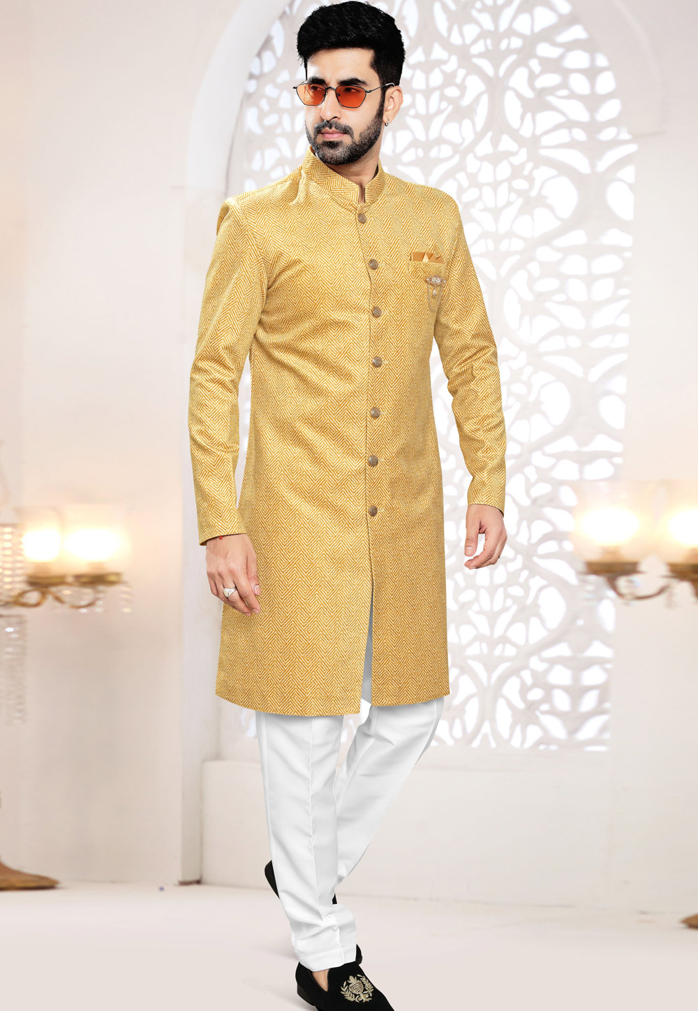 Yellow Suede Indo Western Suit 306456