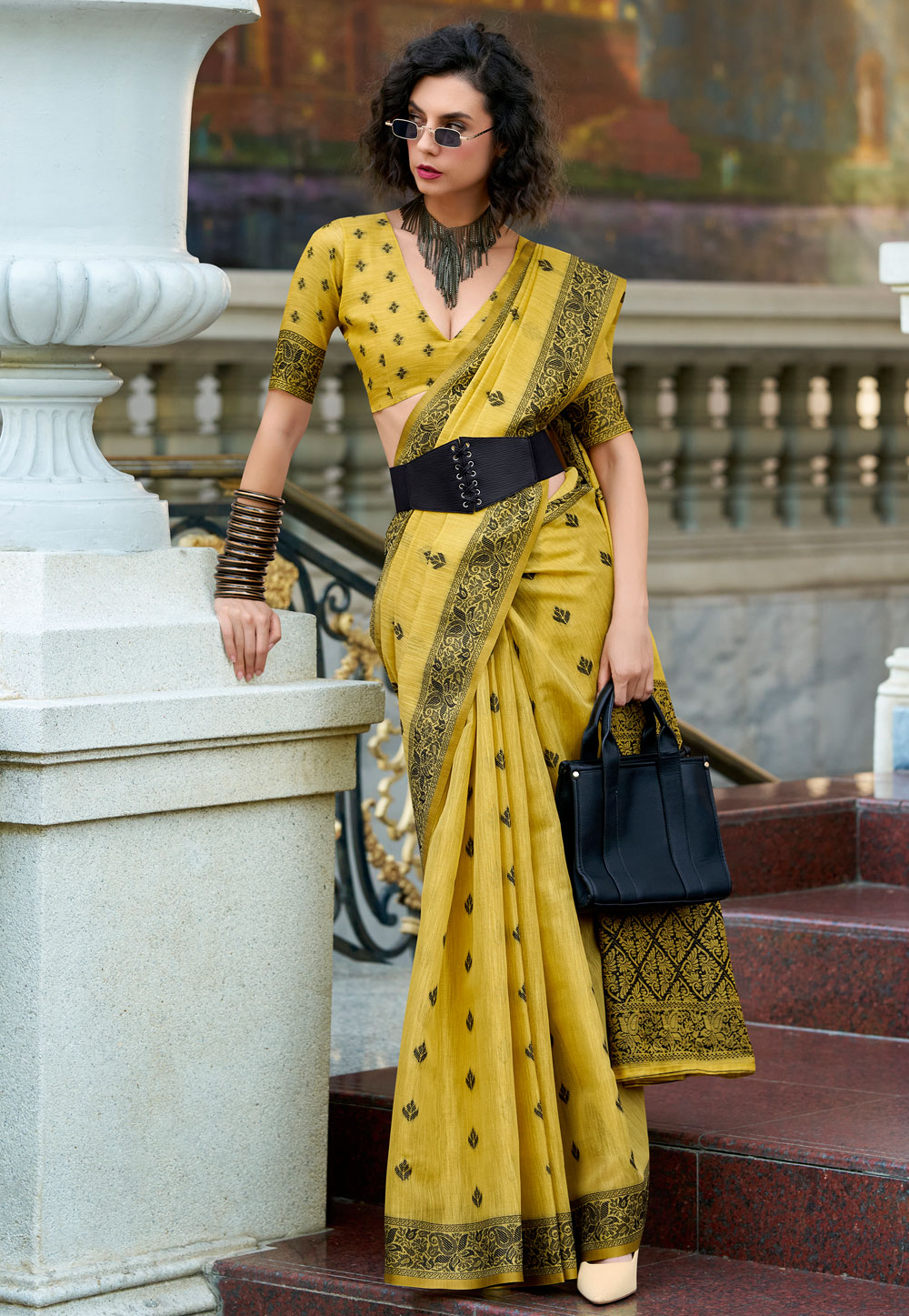 Yellow Tissue Saree With Blouse 325679