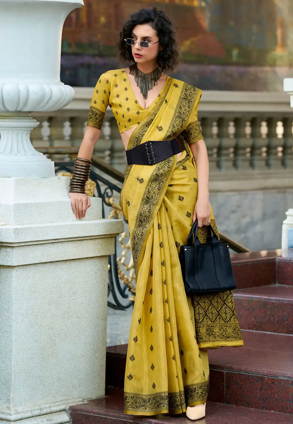 Yellow Tissue Saree With Blouse 325679