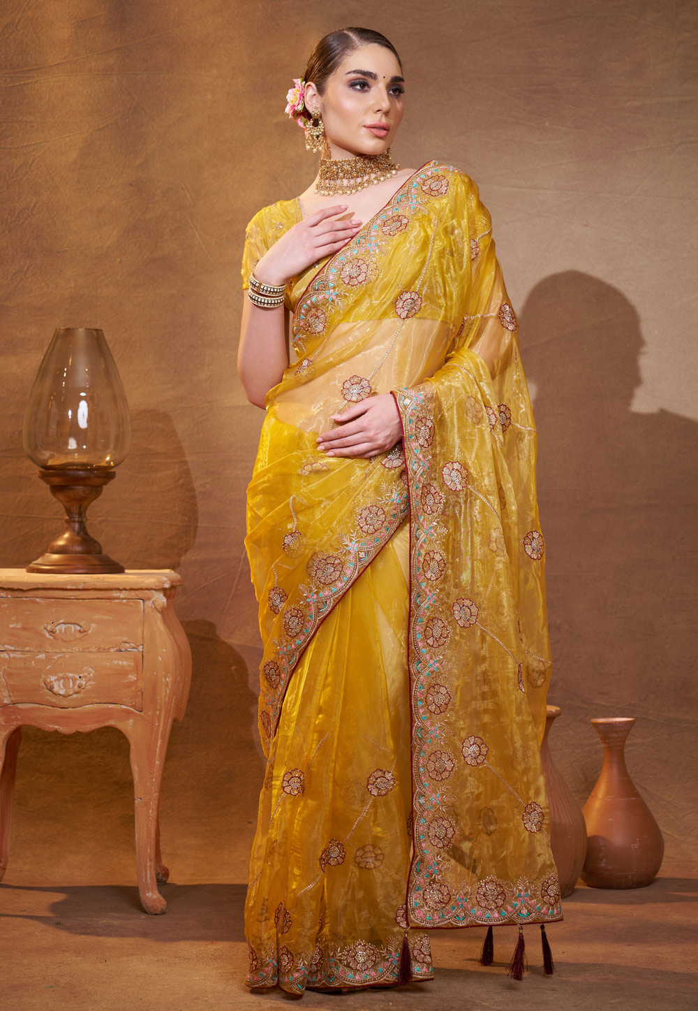 Yellow Tissue Saree With Blouse 306976