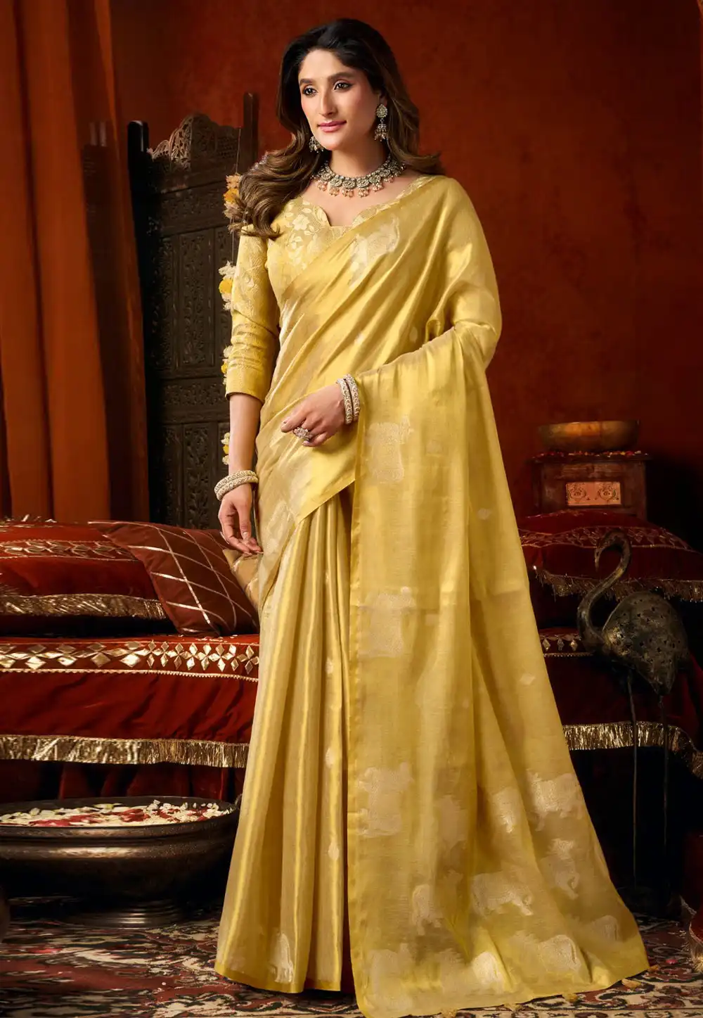 Yellow Tissue Silk Saree With Blouse 328164