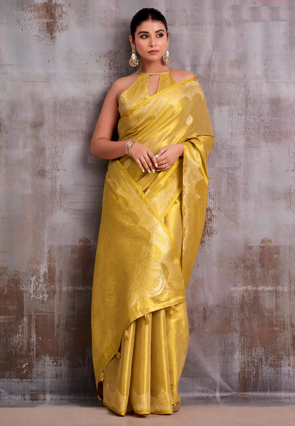 Yellow Tissue Silk Saree With Blouse 335295