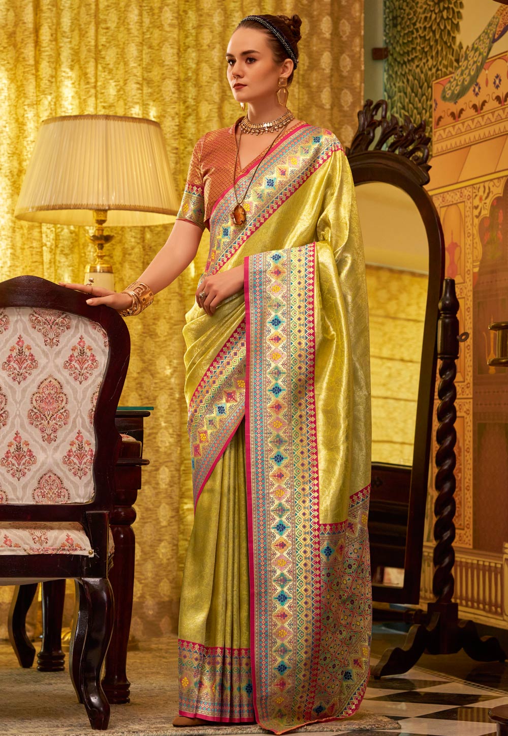 Yellow Tissue Silk Saree With Blouse 307220