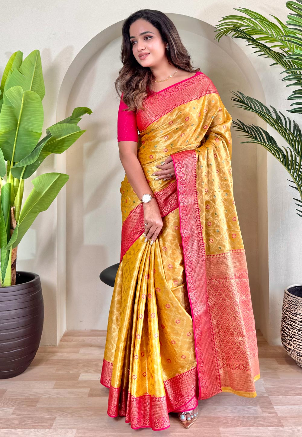 Yellow Tissue Silk Saree With Blouse 308213