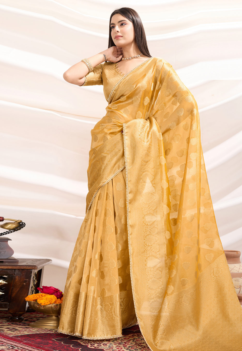 Yellow Tissue Silk Saree With Blouse 308248
