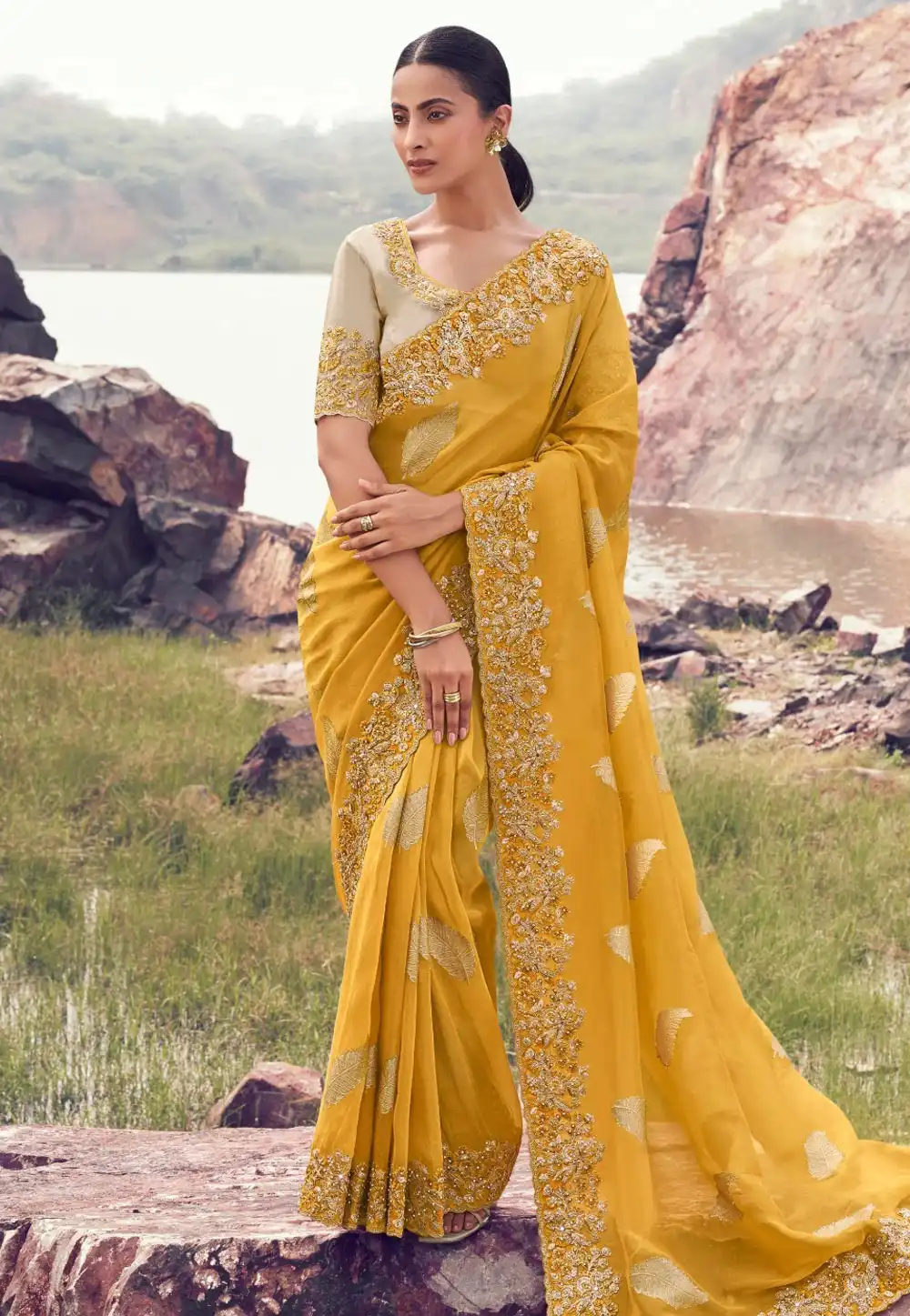 Yellow Tissue Silk Saree With Blouse 319720