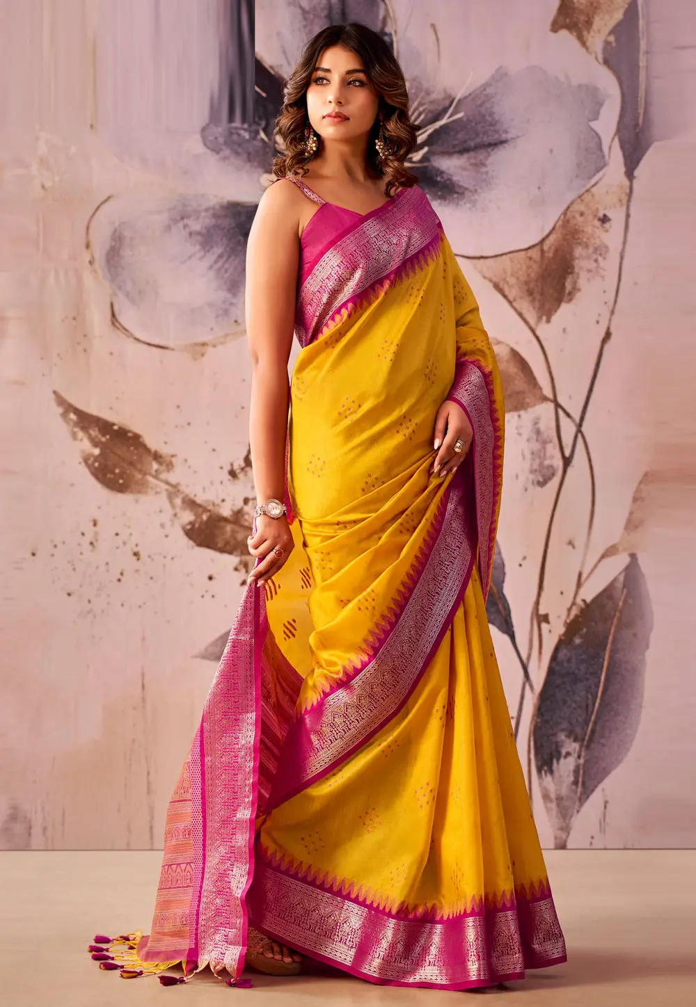 Yellow Tissue Silk Saree With Blouse 332651