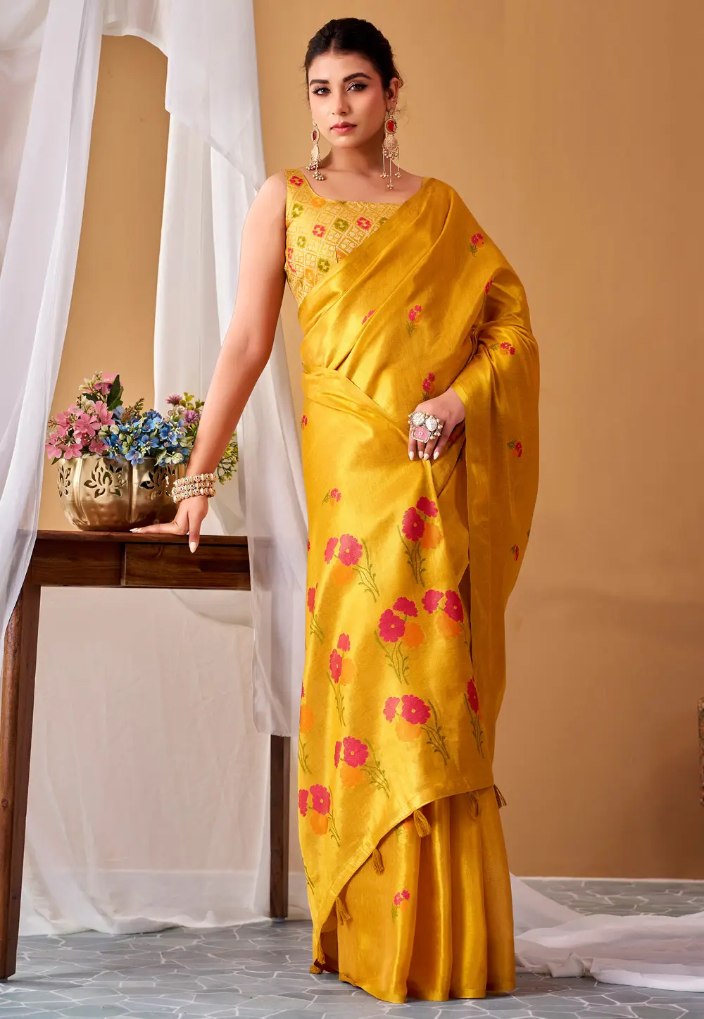 Yellow Tissue Silk Saree With Blouse 332853