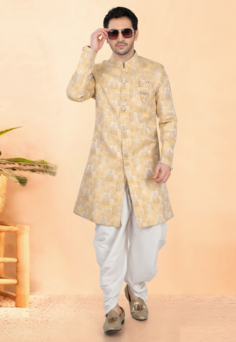Yellow Velvet Indo Western Suit 308640