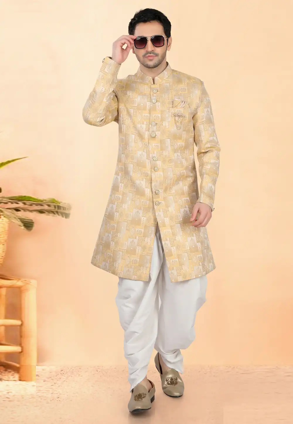 Yellow Velvet Indo Western Suit 308640