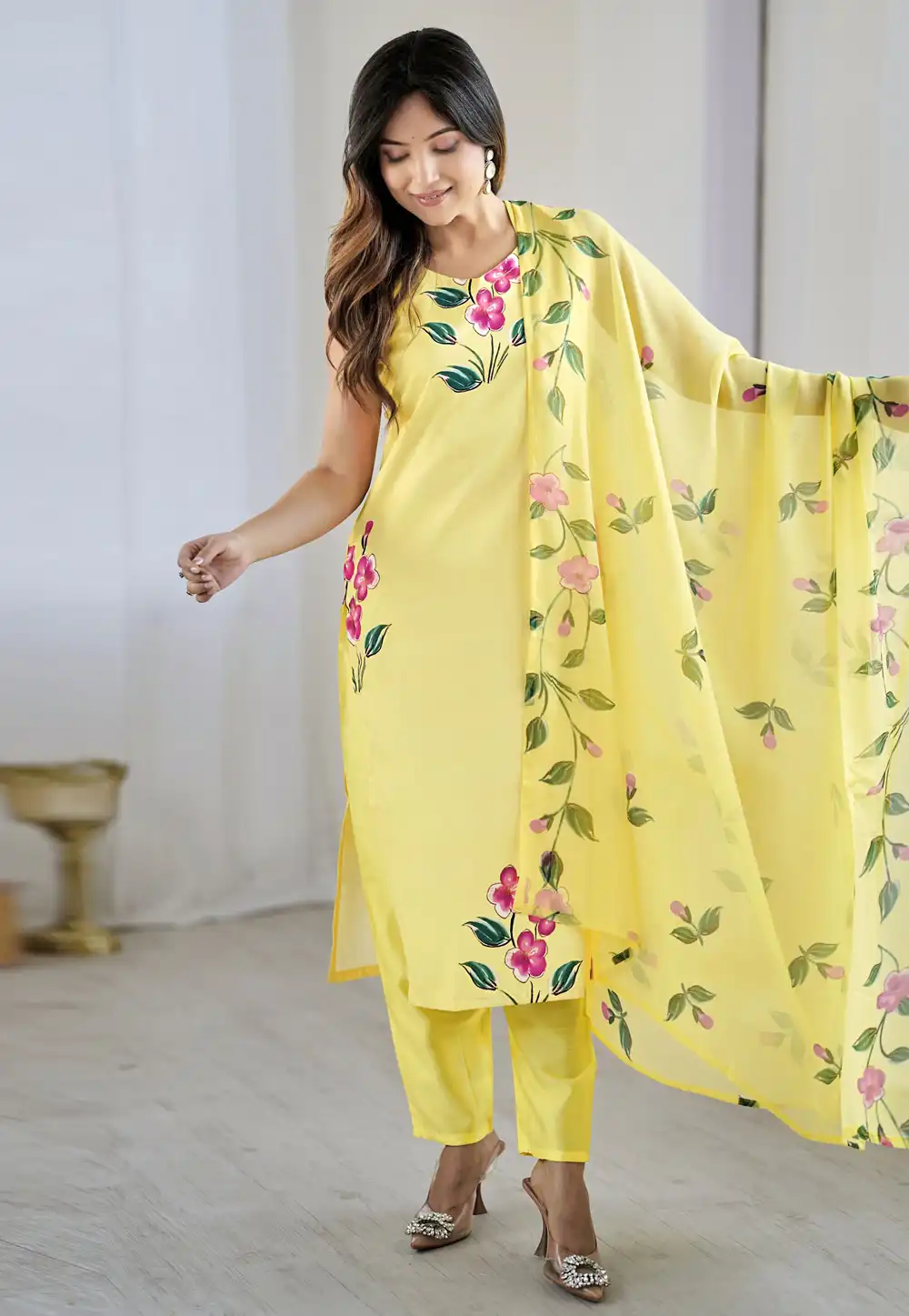 Yellow Viscose Crepe Readymade Pakistani Suit 312329