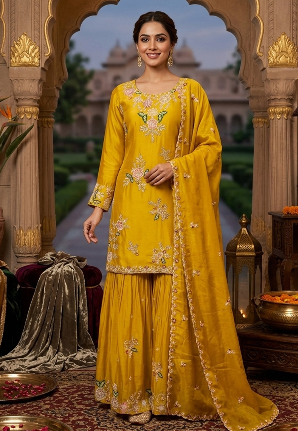 Yellow Viscose Crepe Readymade Sharara Suit 326824