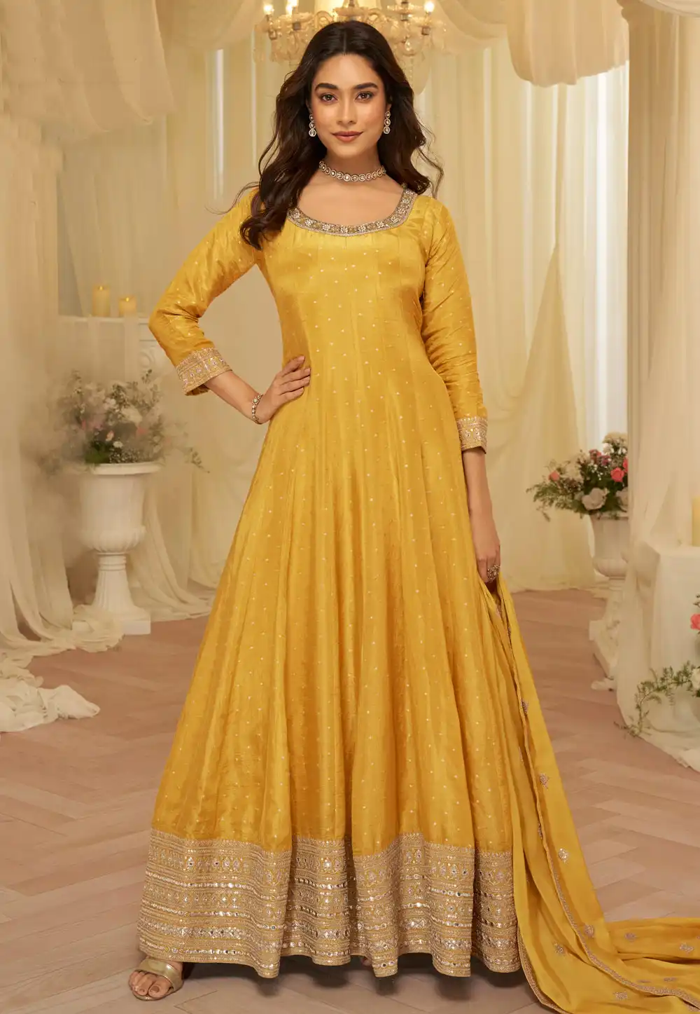 Yellow Viscose Jacquard Anarkali Suit 327985