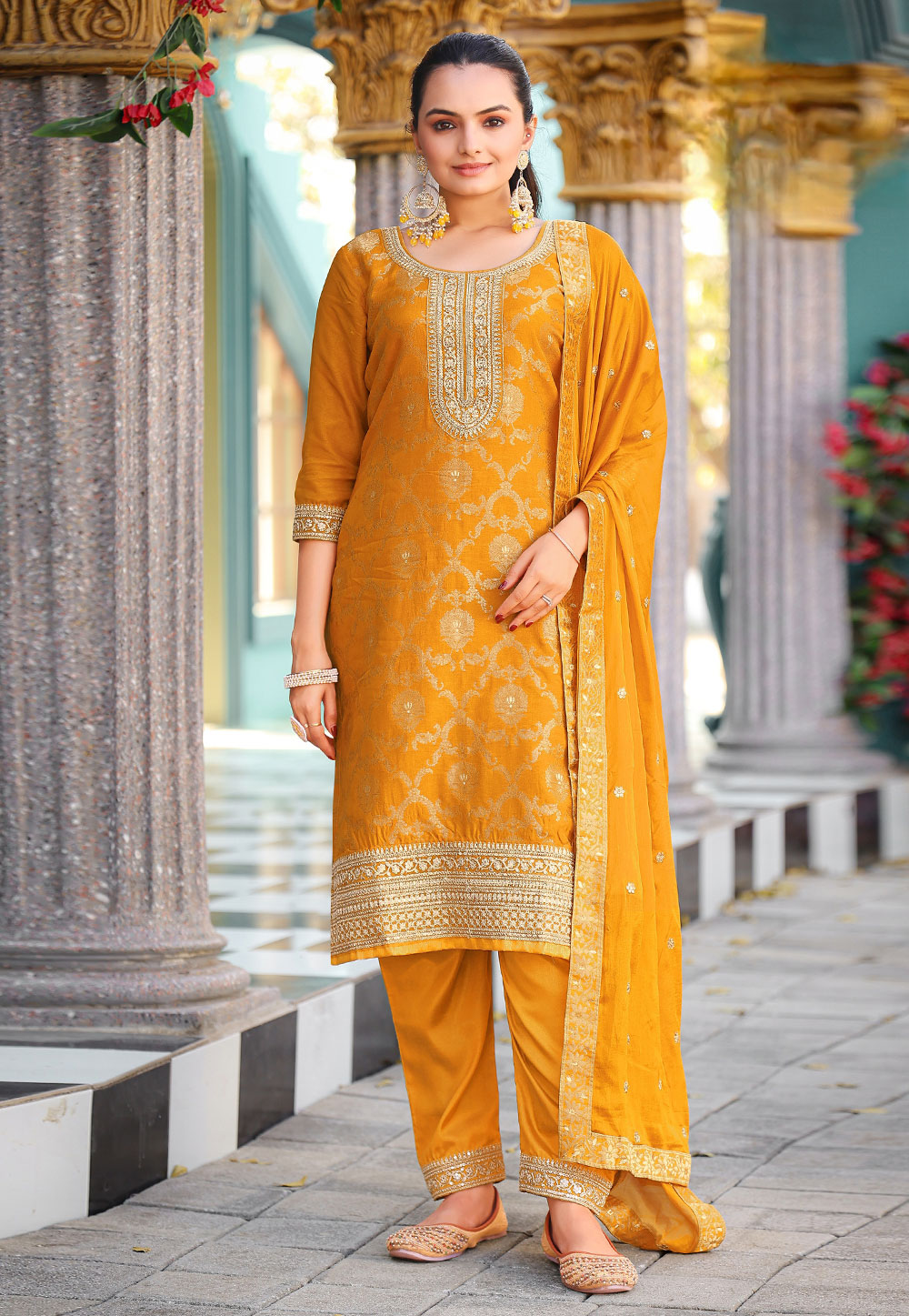 Yellow Viscose Jacquard Pakistani Suit 317992
