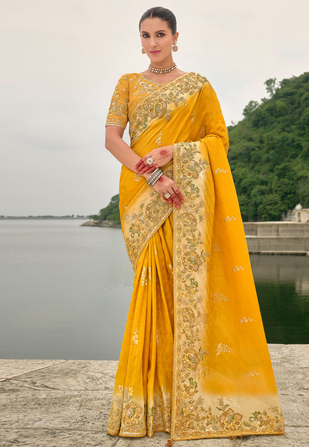 Yellow Viscose Jacquard Saree With Blouse 307807