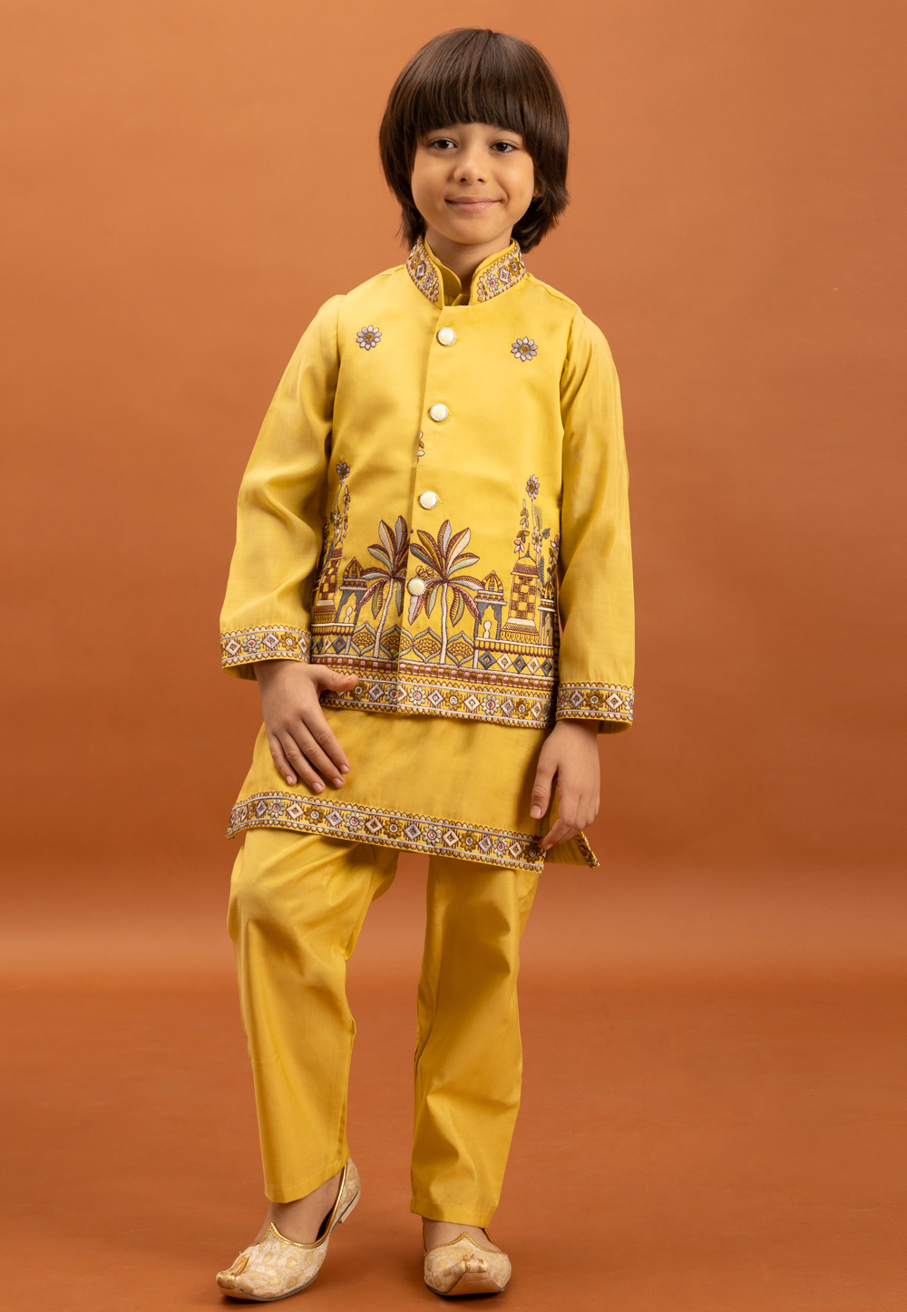 Yellow Viscose Kids Kurta Pajama With Jacket 316413