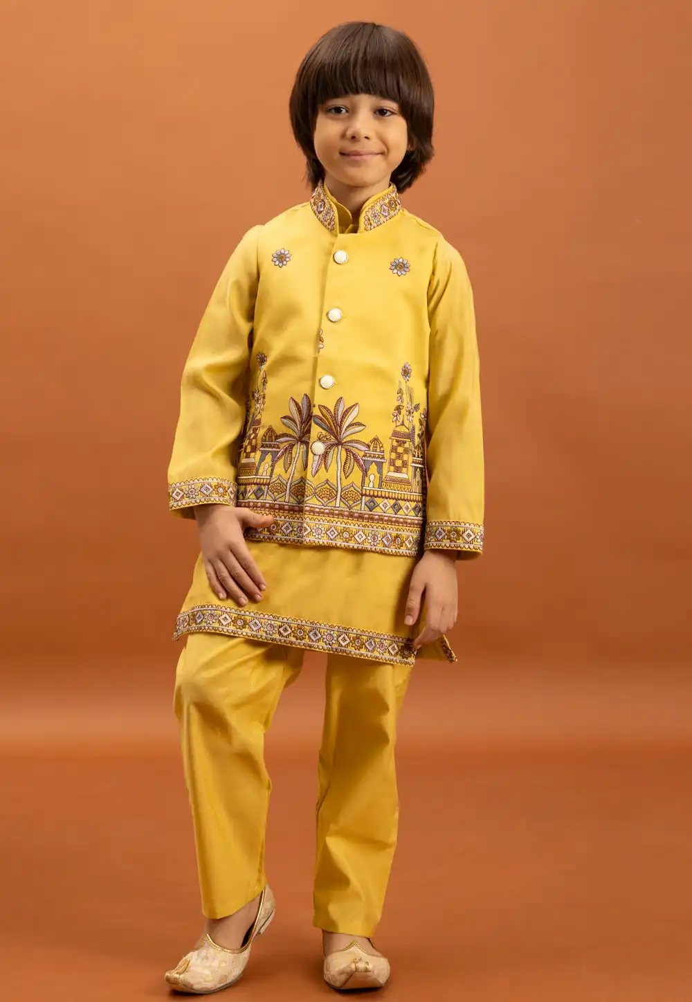 Yellow Viscose Kids Kurta Pajama With Jacket 316413