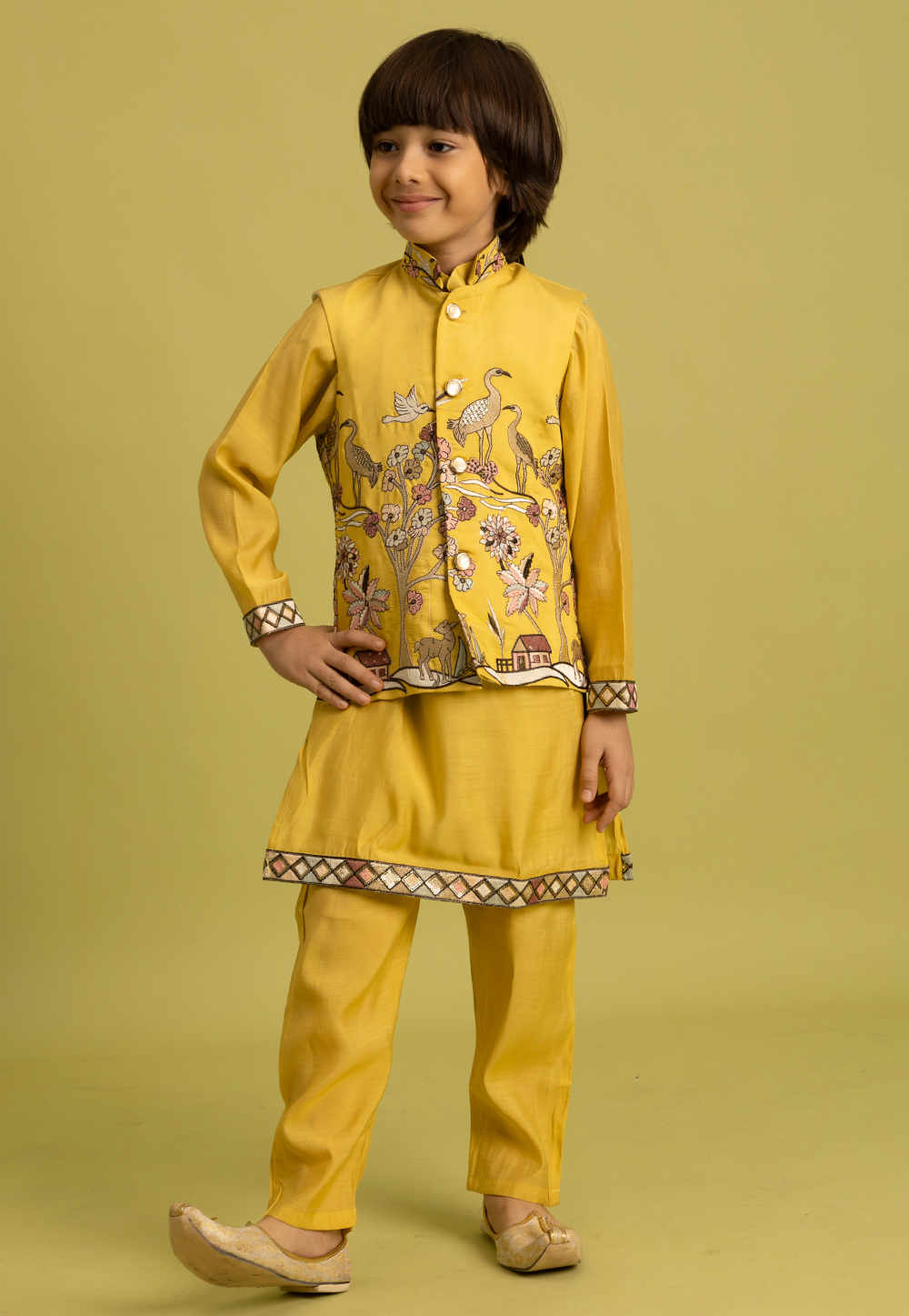 Yellow Viscose Kids Kurta Pajama With Jacket 316867