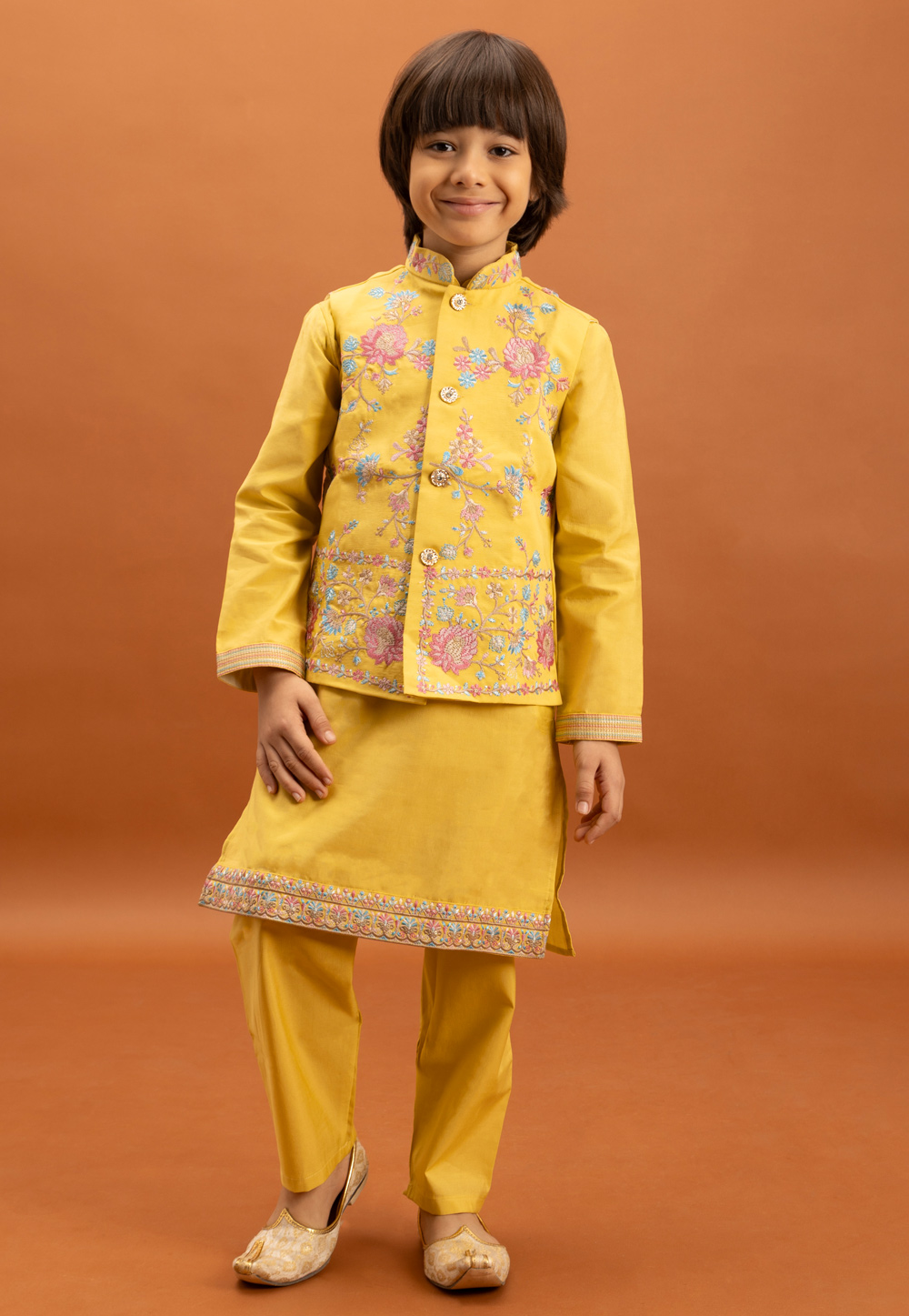 Yellow Viscose Kids Kurta Pajama With Jacket 318772