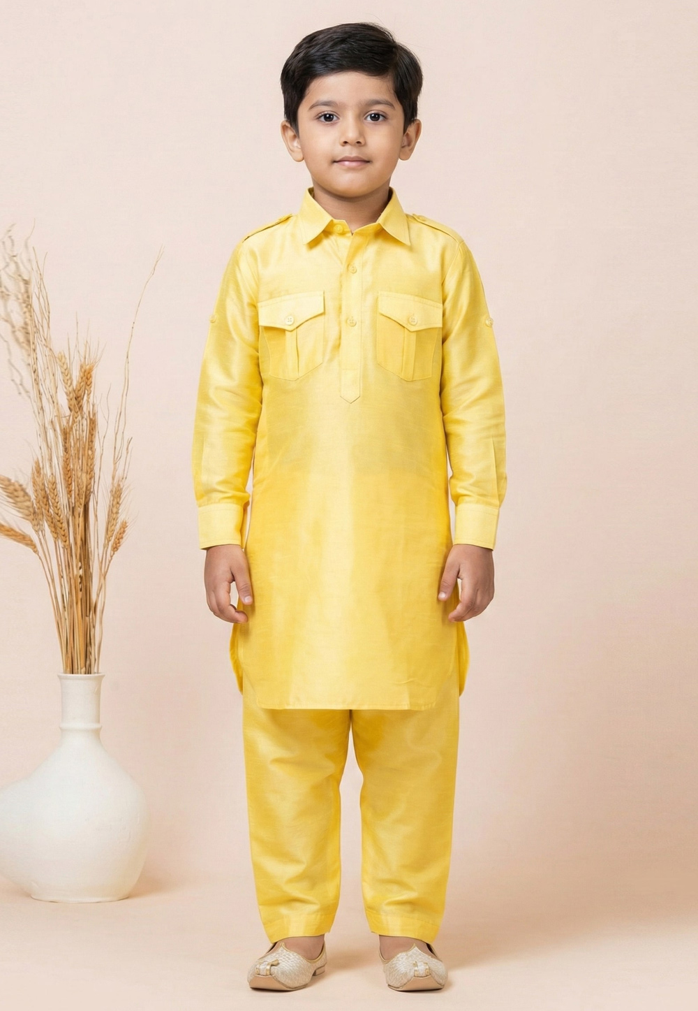Yellow Viscose Kids Pathani Suit 322092