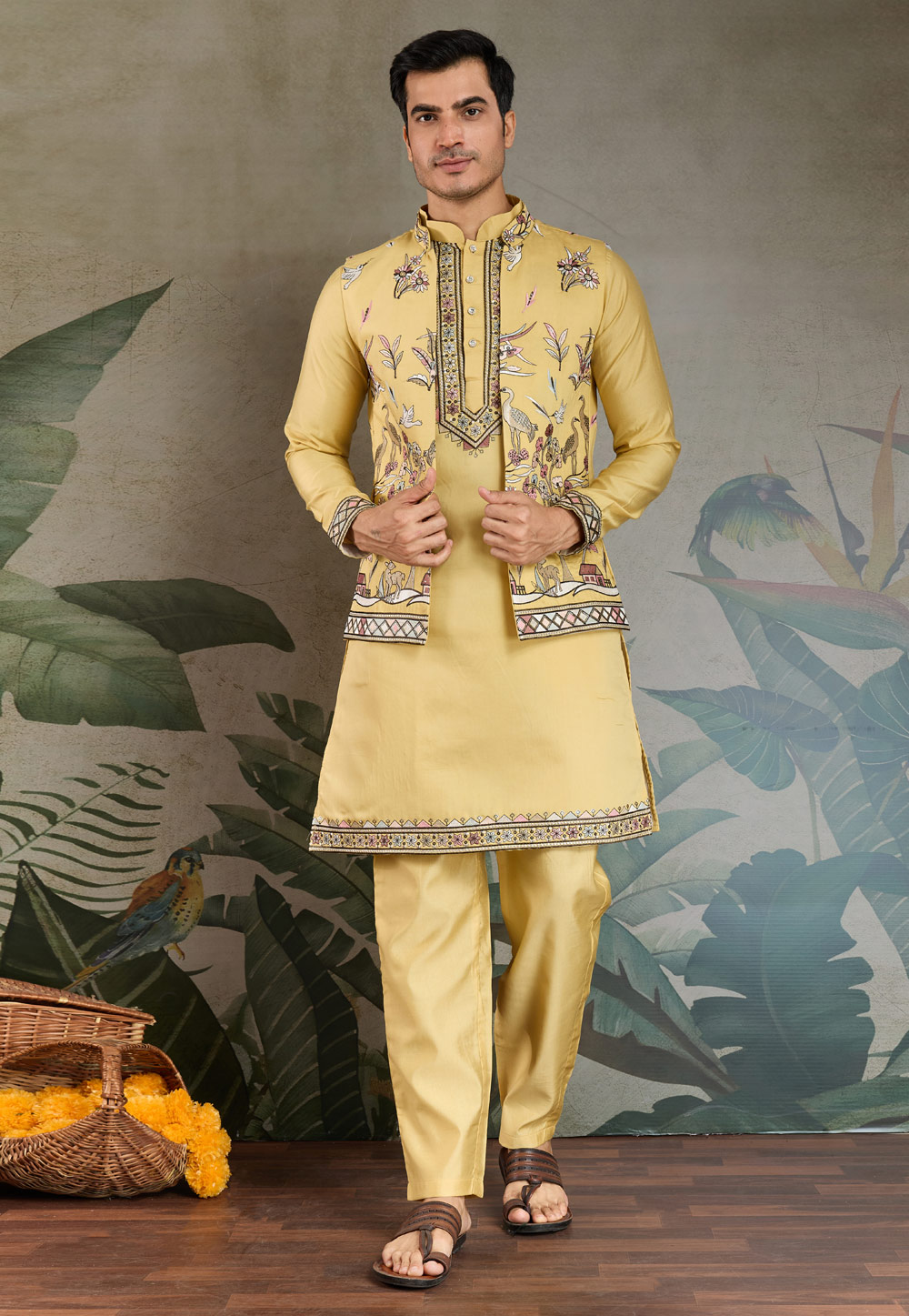 Yellow Viscose Kurta Pajama With Jacket 311866