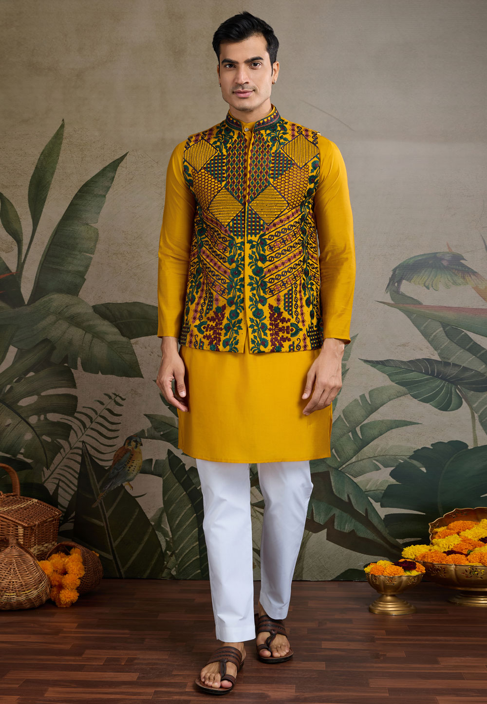 Yellow Viscose Kurta Pajama With Jacket 311688