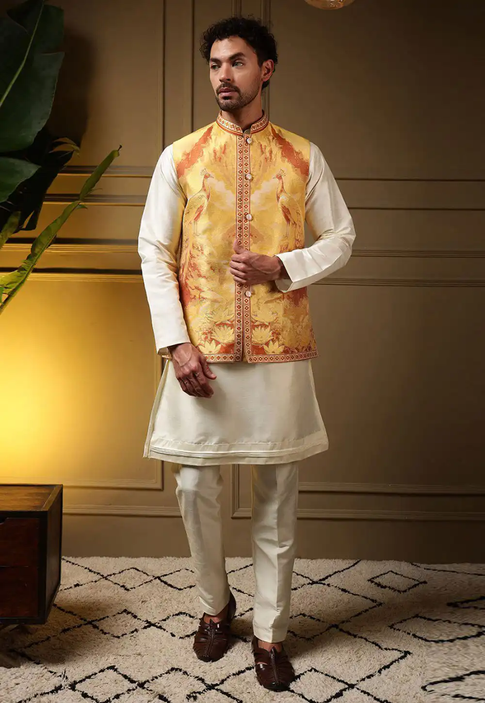 Yellow Viscose Kurta Pajama With Jacket 325855