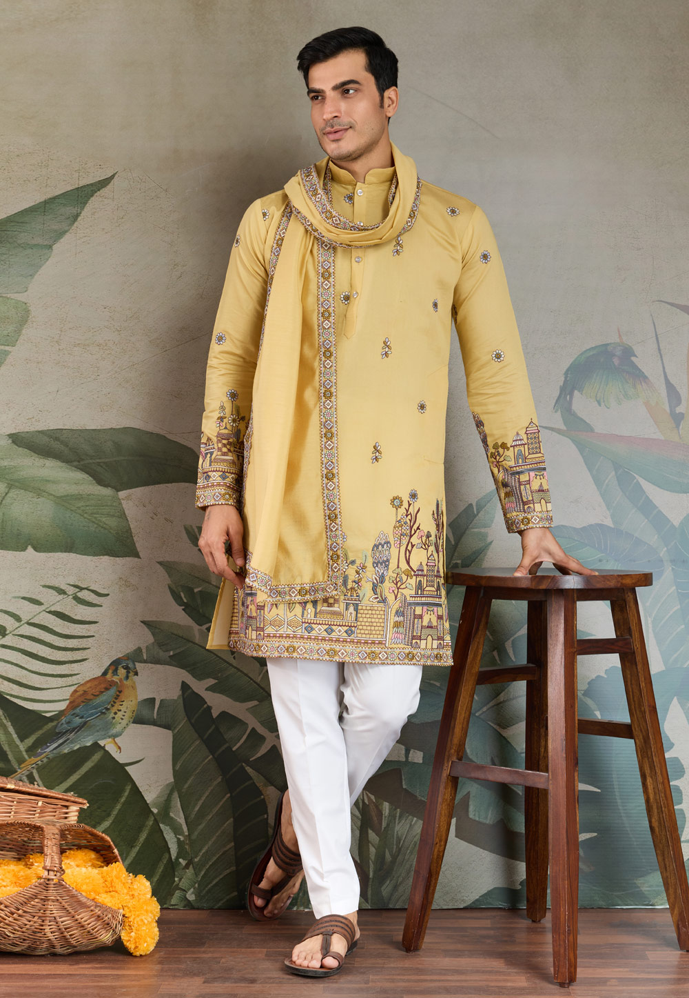 Yellow Viscose Kurta Pajama With Stole 311429