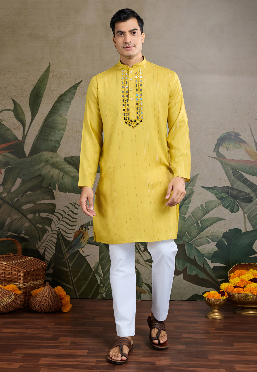 Yellow Viscose Kurta Pajama With Stole 311718