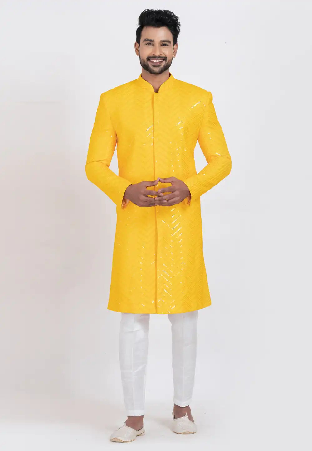 Yellow Viscose Rayon Indo Western Suit 306379