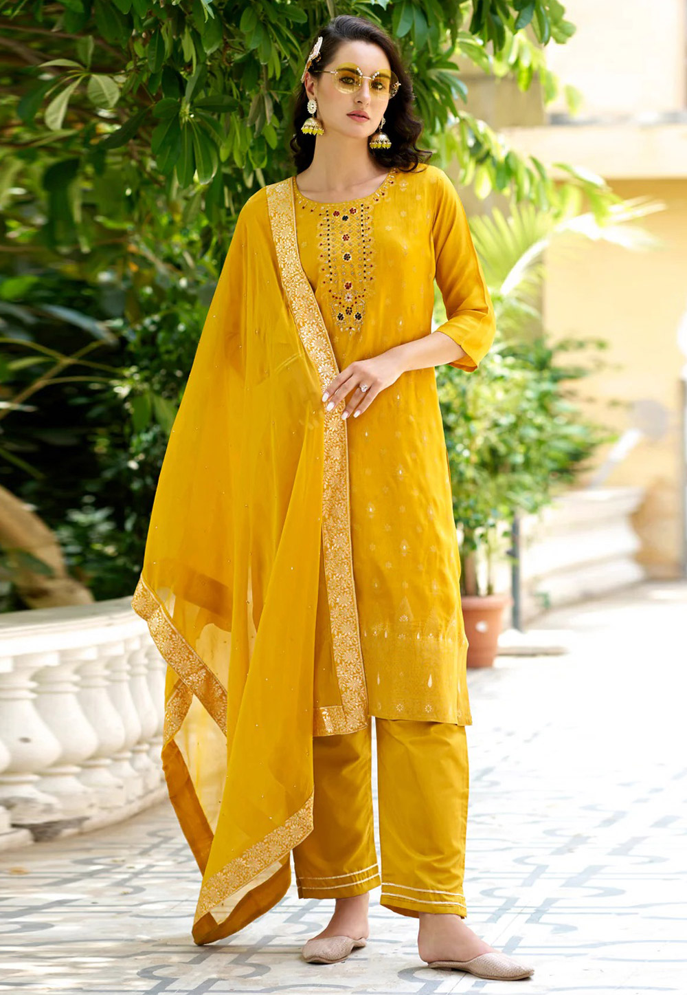 Yellow Viscose Rayon Readymade Pakistani Suit 308113