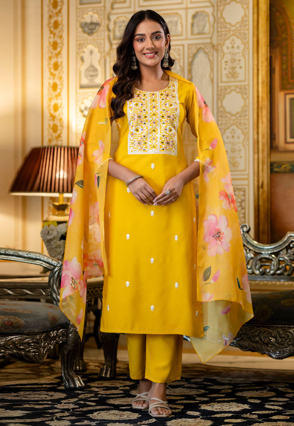 Yellow Viscose Rayon Readymade Pant Style Suit 322411