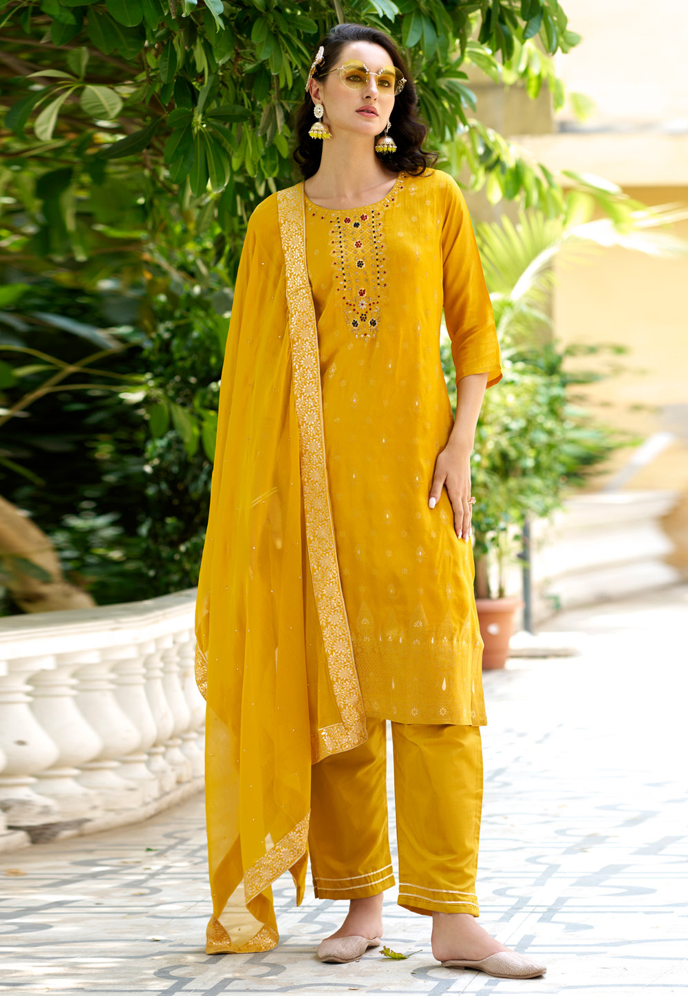 Yellow Viscose Rayon Readymade Pant Style Suit 308489