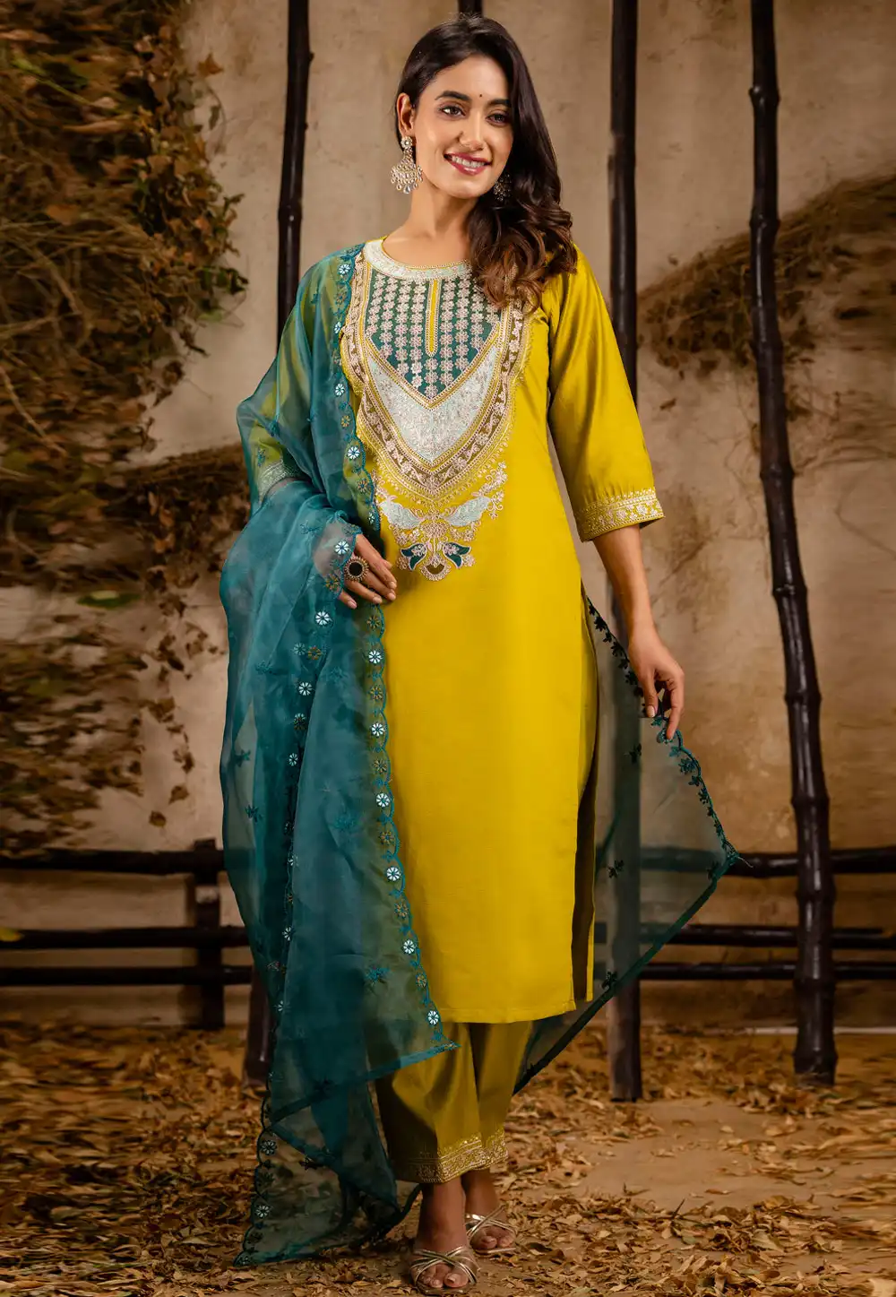 Yellow Viscose Rayon Readymade Pant Style Suit 309556