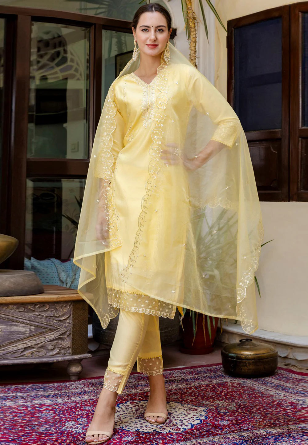 Yellow Viscose Readymade Pant Style Suit 309172