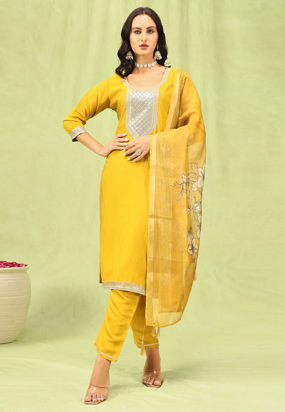 Yellow Viscose Readymade Pant Style Suit 329948