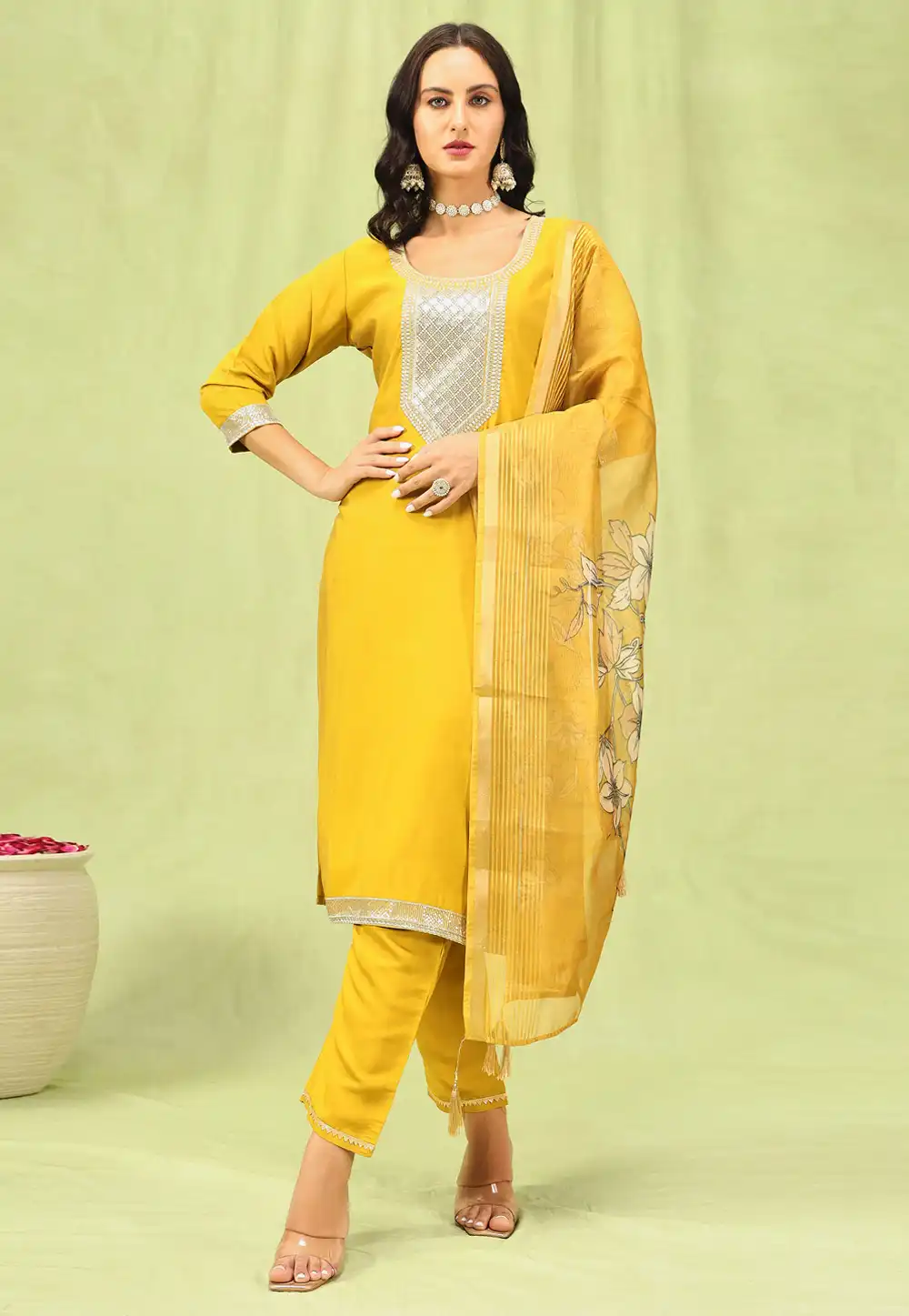 Yellow Viscose Readymade Pant Style Suit 329948