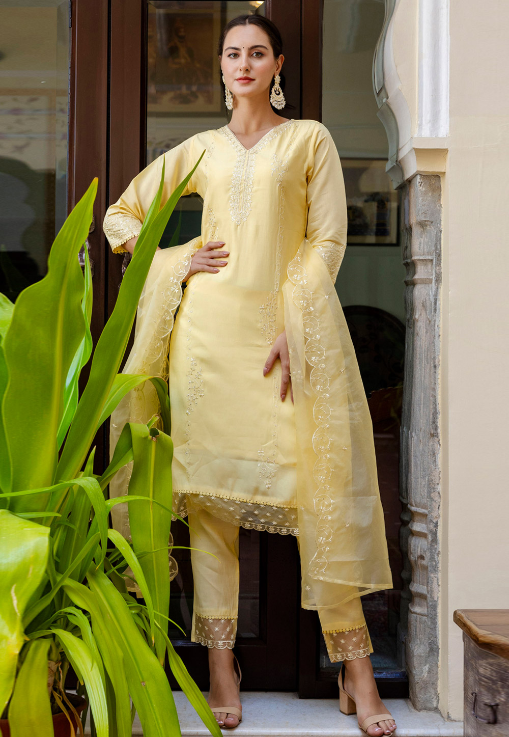 Yellow Viscose Readymade Pant Style Suit 329954